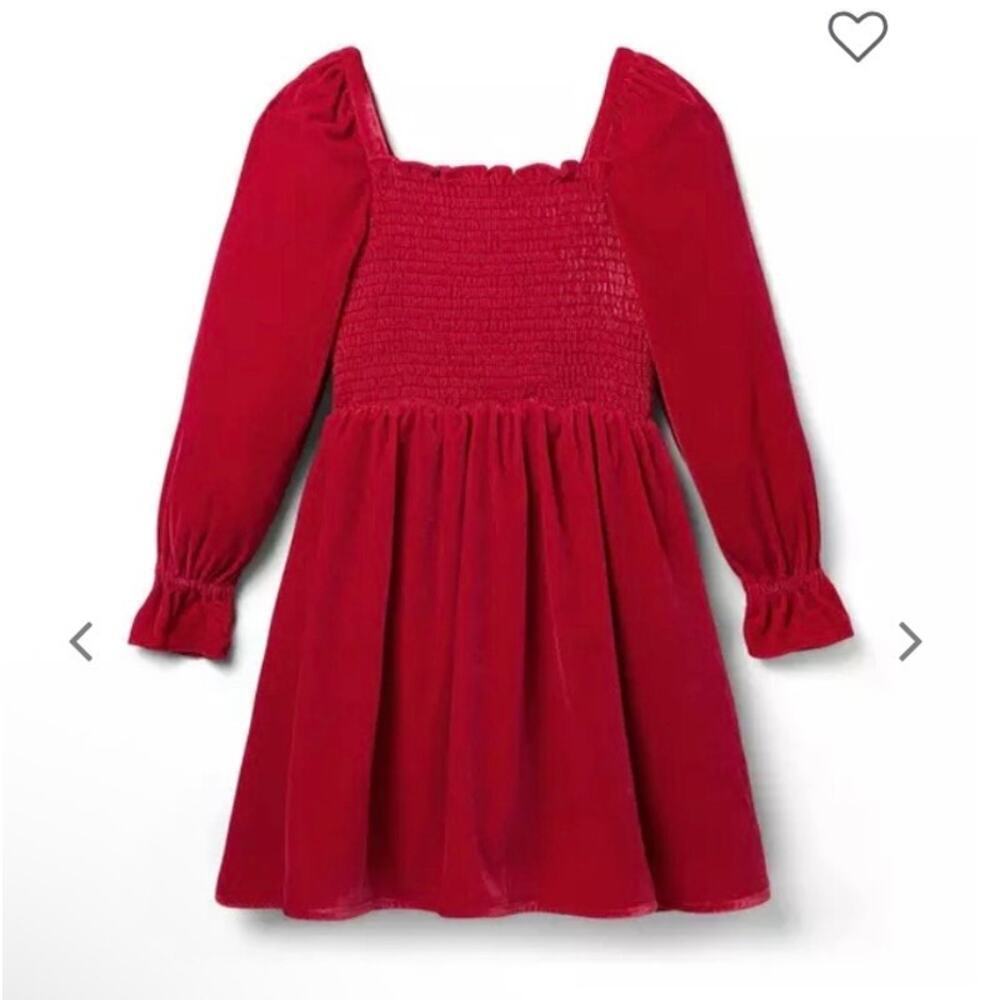 Janie and Jack Girls Sz 14 Red Velvet Smocked Holiday Dress Ruffled Puff Sleeve